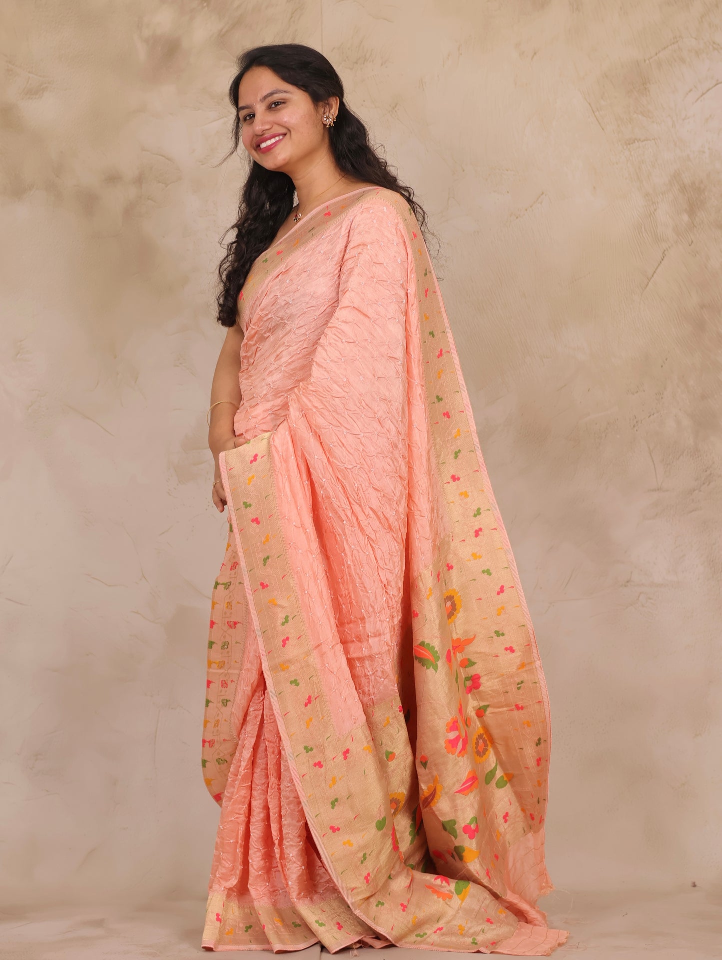 Peach Handcrafted Pattern Bandhani Paithani Dola Silk Saree | Looms & Tassels