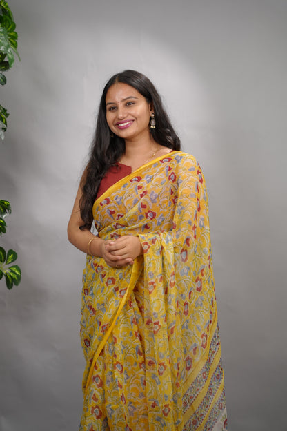 Yellow Chiffon Hand Block Printed Saree| Looms & Tassels