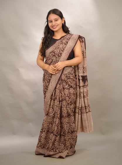 Maroon Hand Block Printed Kalamkari Cotton Saree | Looms & Tassels