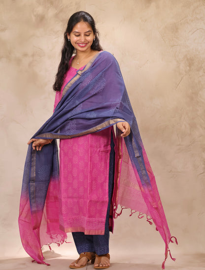 Pink & Blue Handblock printed Pure Maheswari Silk 3 piece suit (stitched)