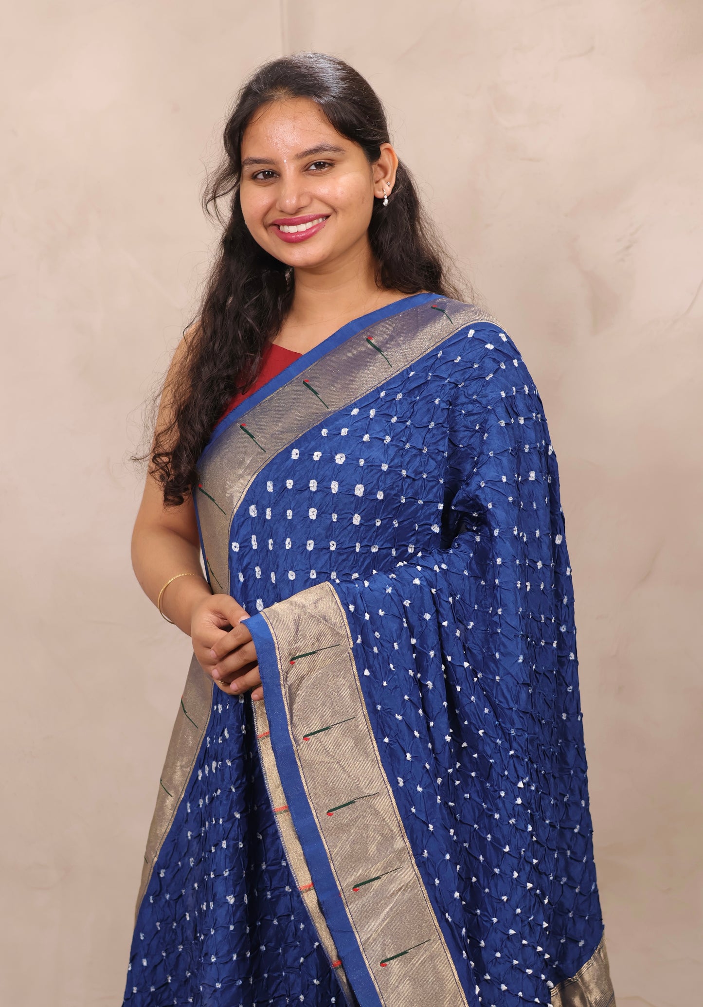 Blue Handcrafted Bandhani Paithani Dola Silk Saree | Looms & Tassels