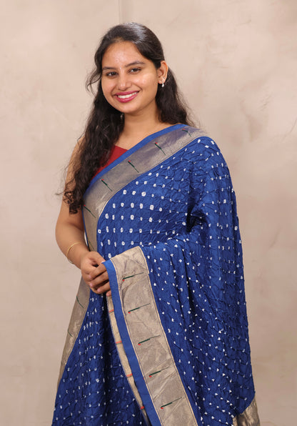 Blue Handcrafted Bandhani Paithani Dola Silk Saree | Looms & Tassels