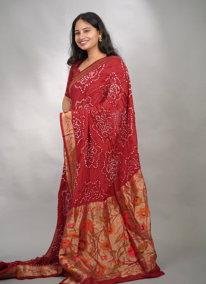 Maroon Handcrafted Pattern Bandhani Paithani Dola Silk Saree | Looms & Tassels