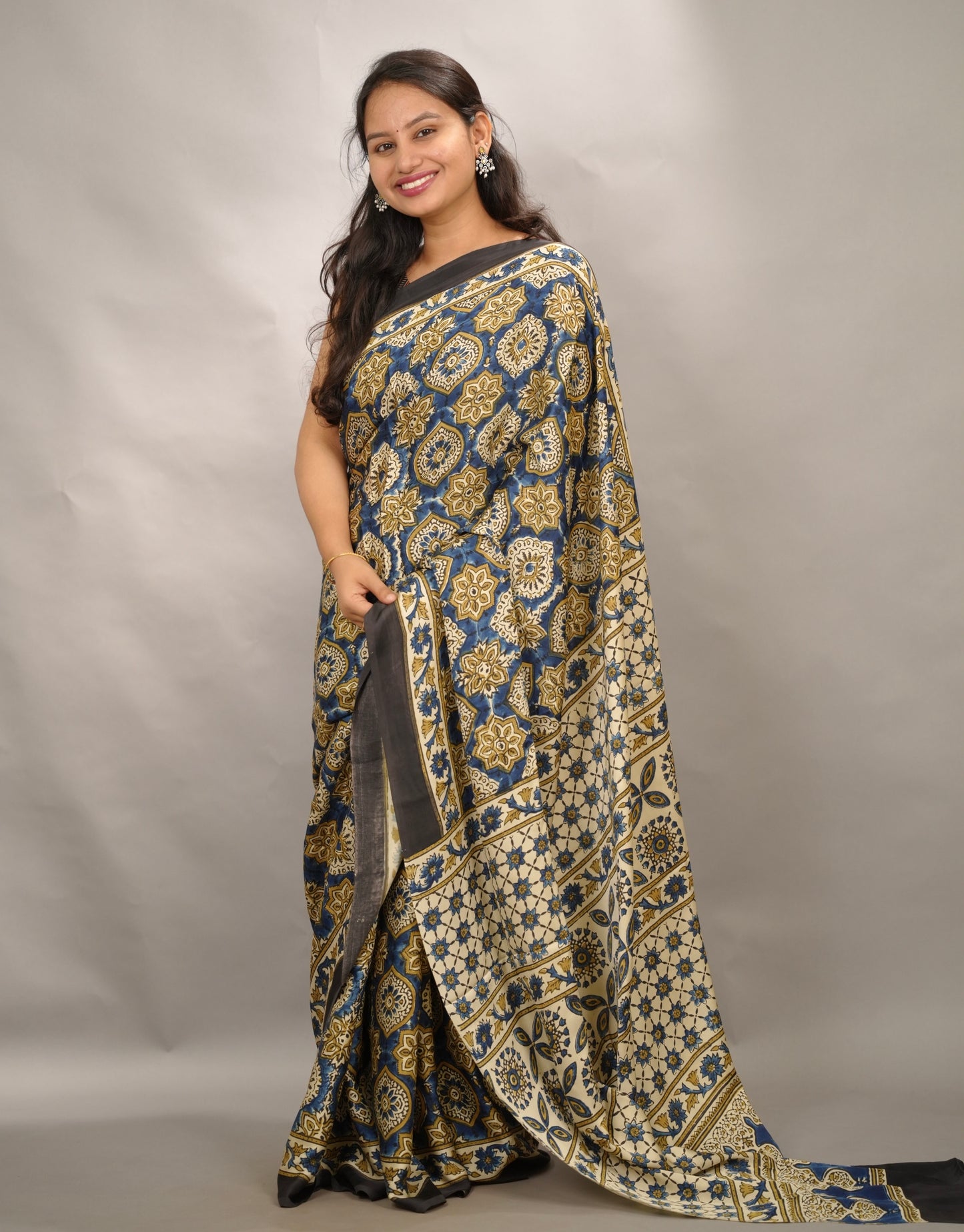 Cream & Blue Badam Butta Authentic Ajrakh Handblock Printed Modal Silk Saree | Looms & Tassels