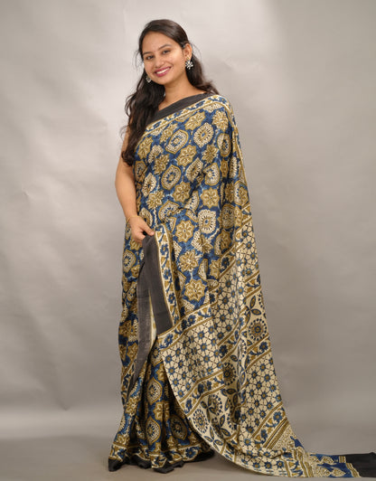 Cream & Blue Badam Butta Authentic Ajrakh Handblock Printed Modal Silk Saree | Looms & Tassels