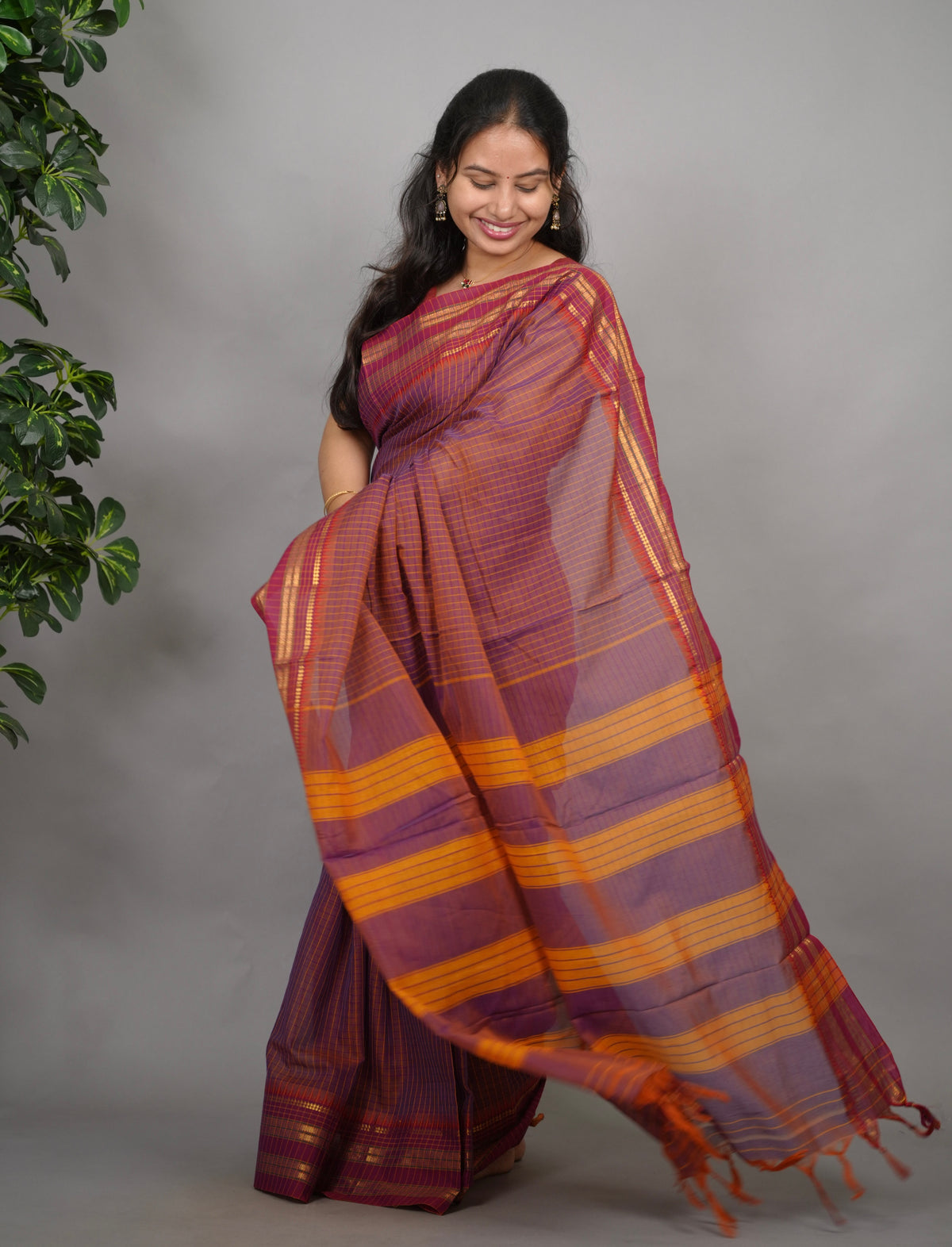 Dual Tone Checks Narayanpet Cotton Saree with Traditional contrast Border | Looms & Tassels