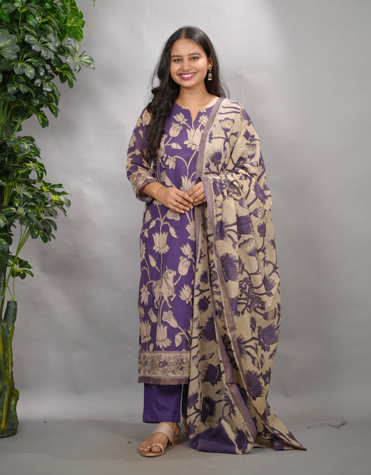 Purple Kalamkari Kota Cotton 3 piece suit (stitched) | Looms & Tassels