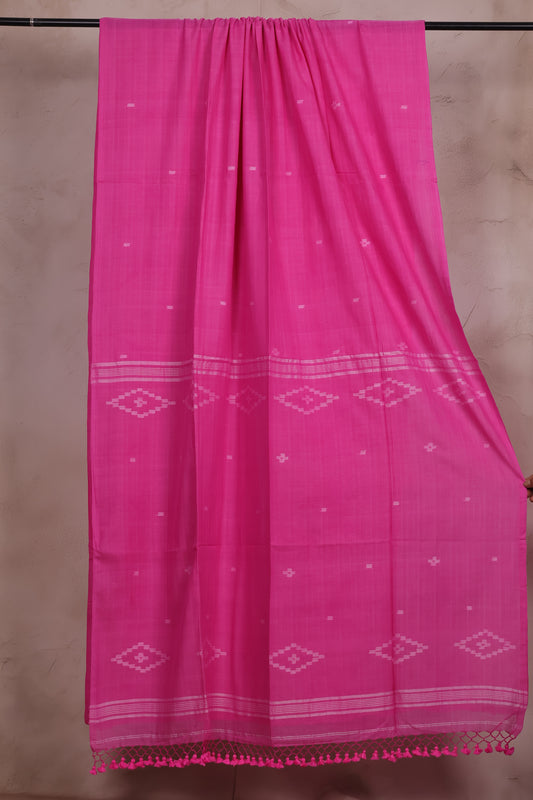 Pastel Pink Handwoven Malai Cotton Saree with Butta Weaving | Looms & Tassels