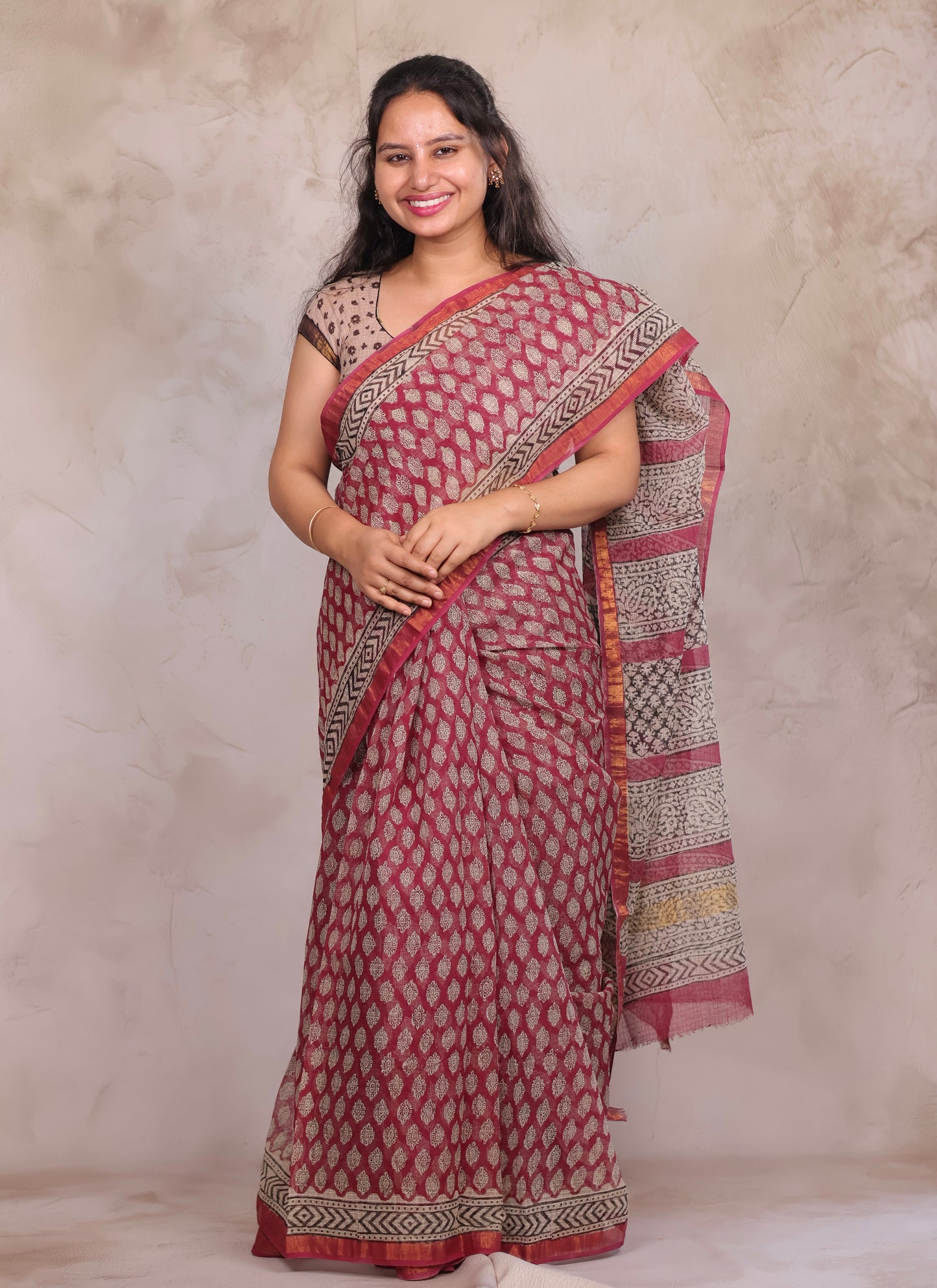 Onion Pink Pure Kota Doria Saree with Bagru Handblock Prints | Looms & Tassels