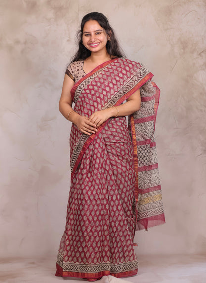 Onion Pink Pure Kota Doria Saree with Bagru Handblock Prints | Looms & Tassels