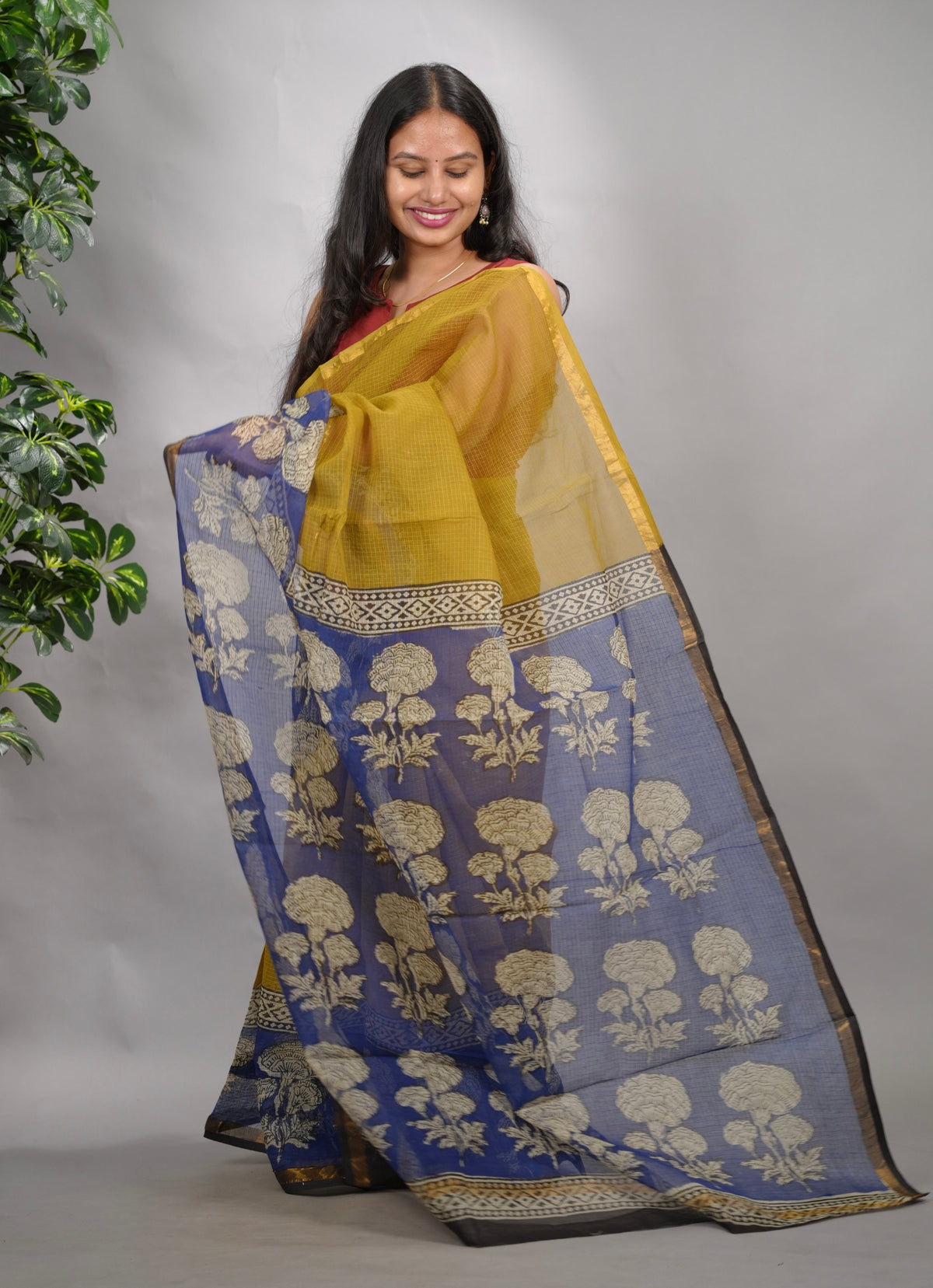 Mustard and Blue Pure Kota Doria Saree with Bagru Handblock Prints