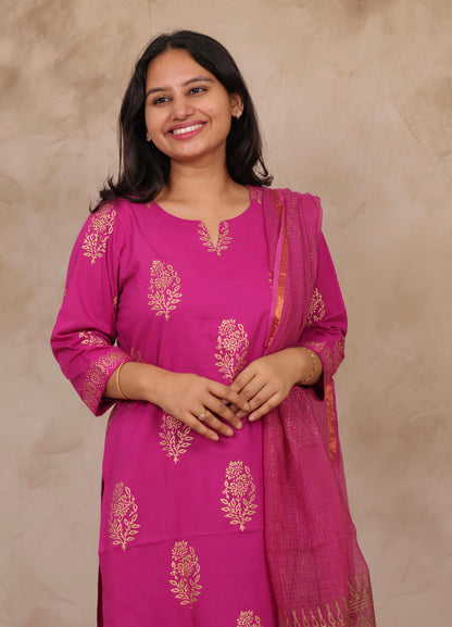 Magenta Handblock printed Pure Mul Cotton with Kota Doria Duppata 3 piece suit (stitched)