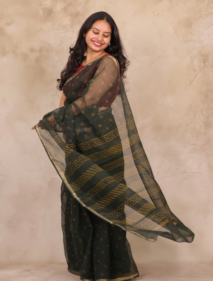 Green Pure Kota Doria Saree with Bagru Handblock Prints | Looms & Tassels