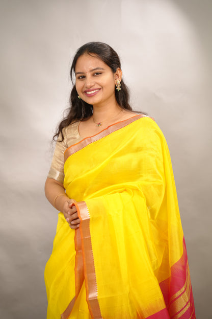 Yellow & Pink Handloom Mangalagiri Silk Saree| Looms & Tassels