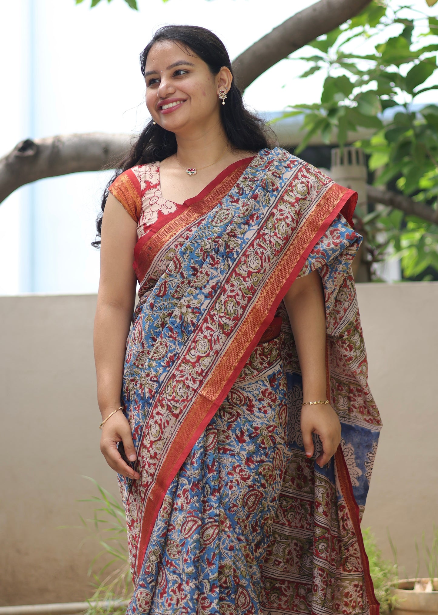 Blue Hand Block Printed Kalamkari Nizam Border Silk Sare
