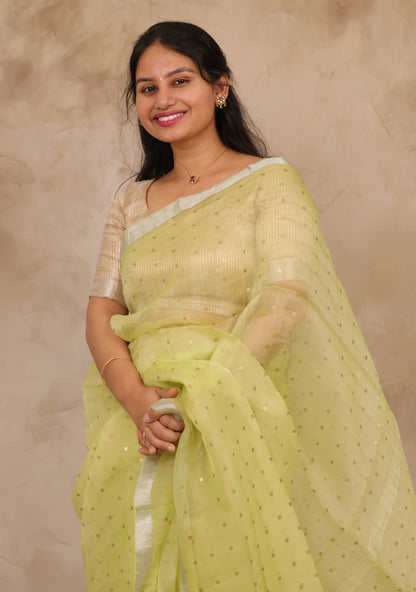 Pastel Yellow Handwoven Muslin Silk Saree With Sequence Work | Looms & Tassels