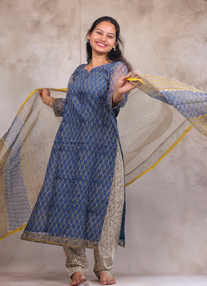 Blue Handblock printed kota 3 piece suit (stitched)