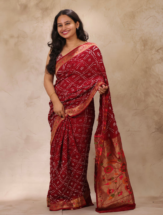 Deep Maroon Handcrafted Bandhani Paithani Dola Silk Saree | Looms & Tassels
