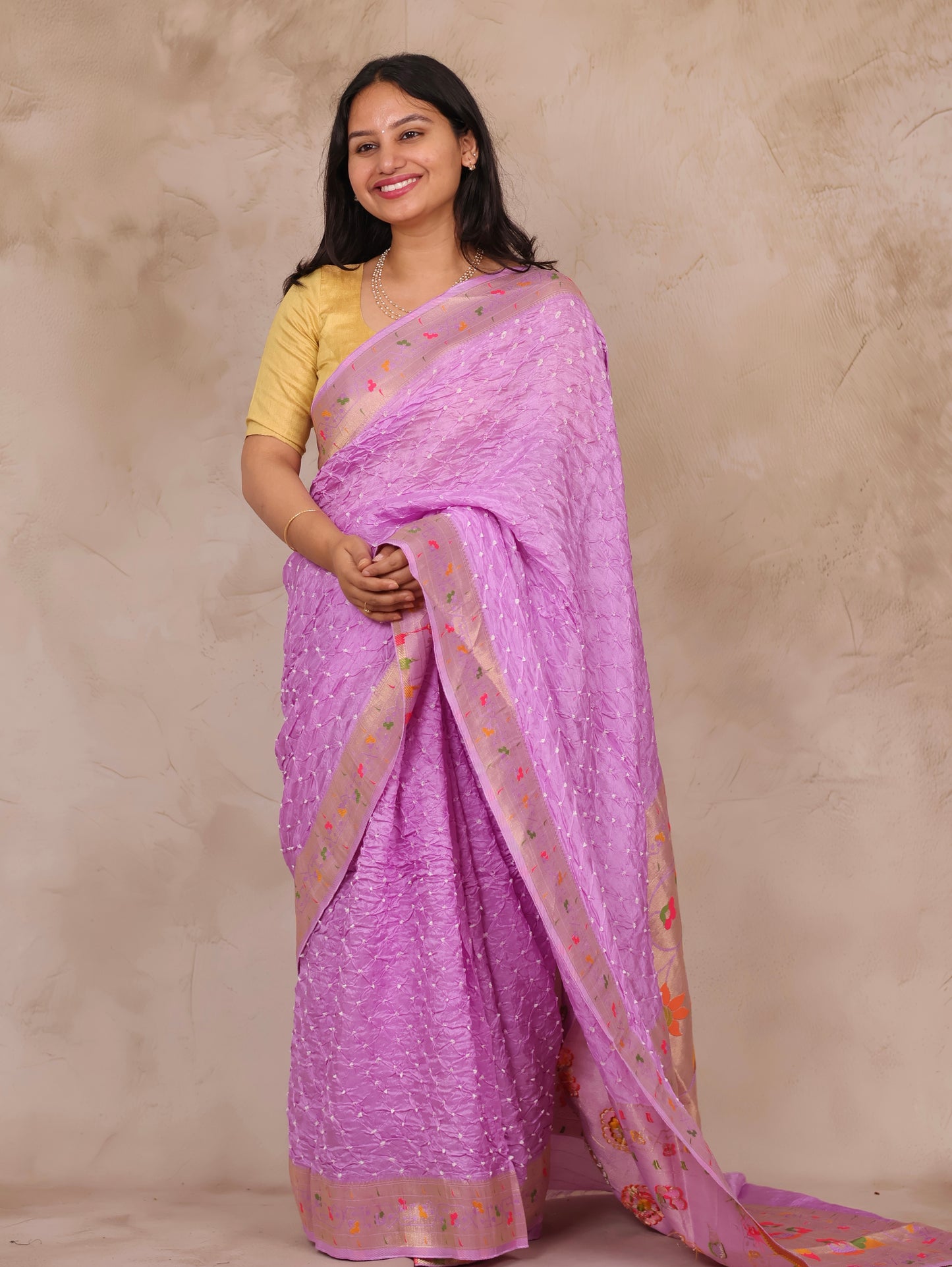 Orchid Pink Handcrafted Bandhani Paithani Dola Silk Saree | Looms & Tassels