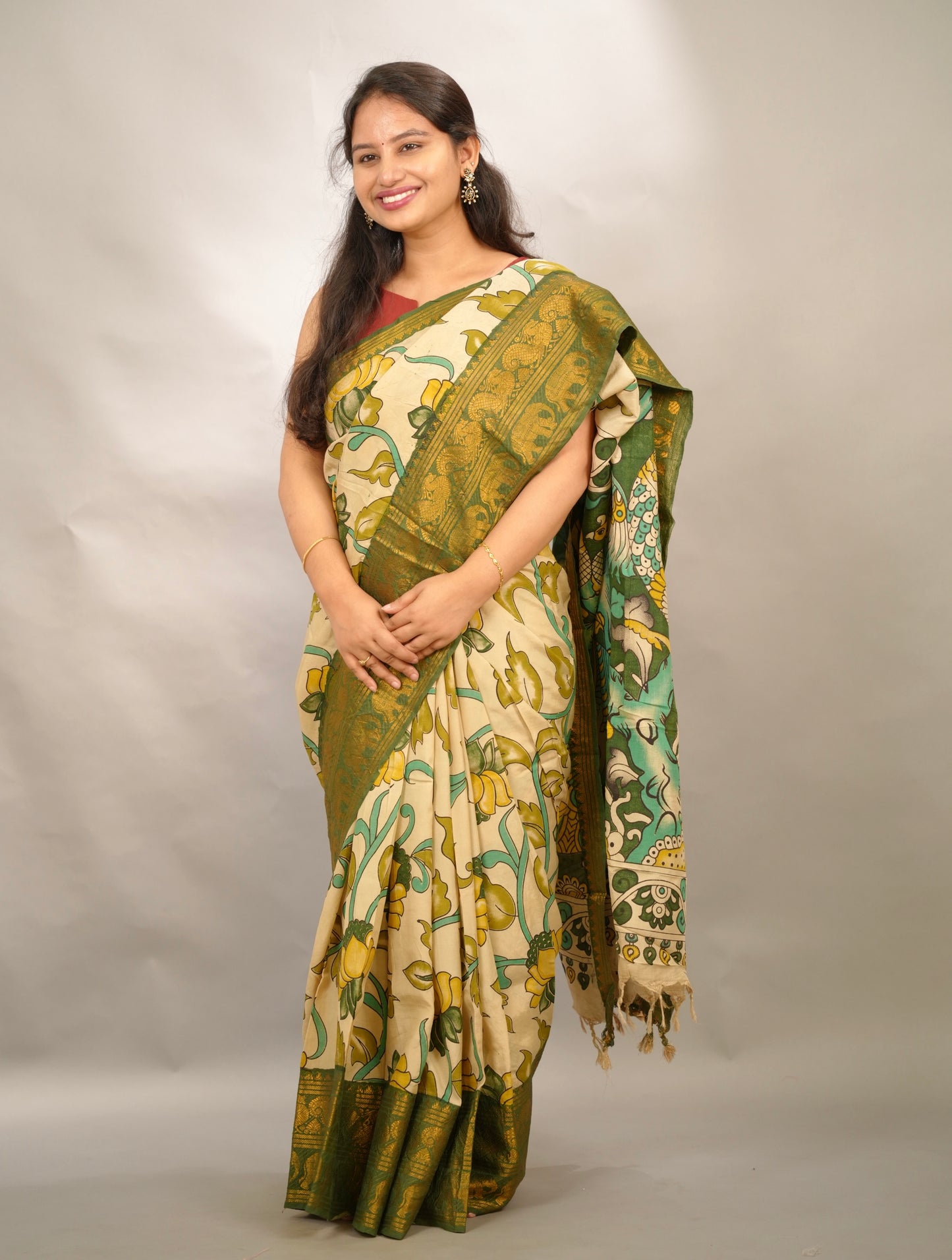 Green Kanchi border Kalamkari chennur silk saree