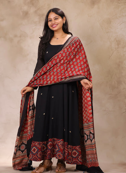 Black Ajrakh Patch Work Narayanpet Cotton Anarkali Dress with Ajrakh Modal Silk Dupatta | Looms & Tassels