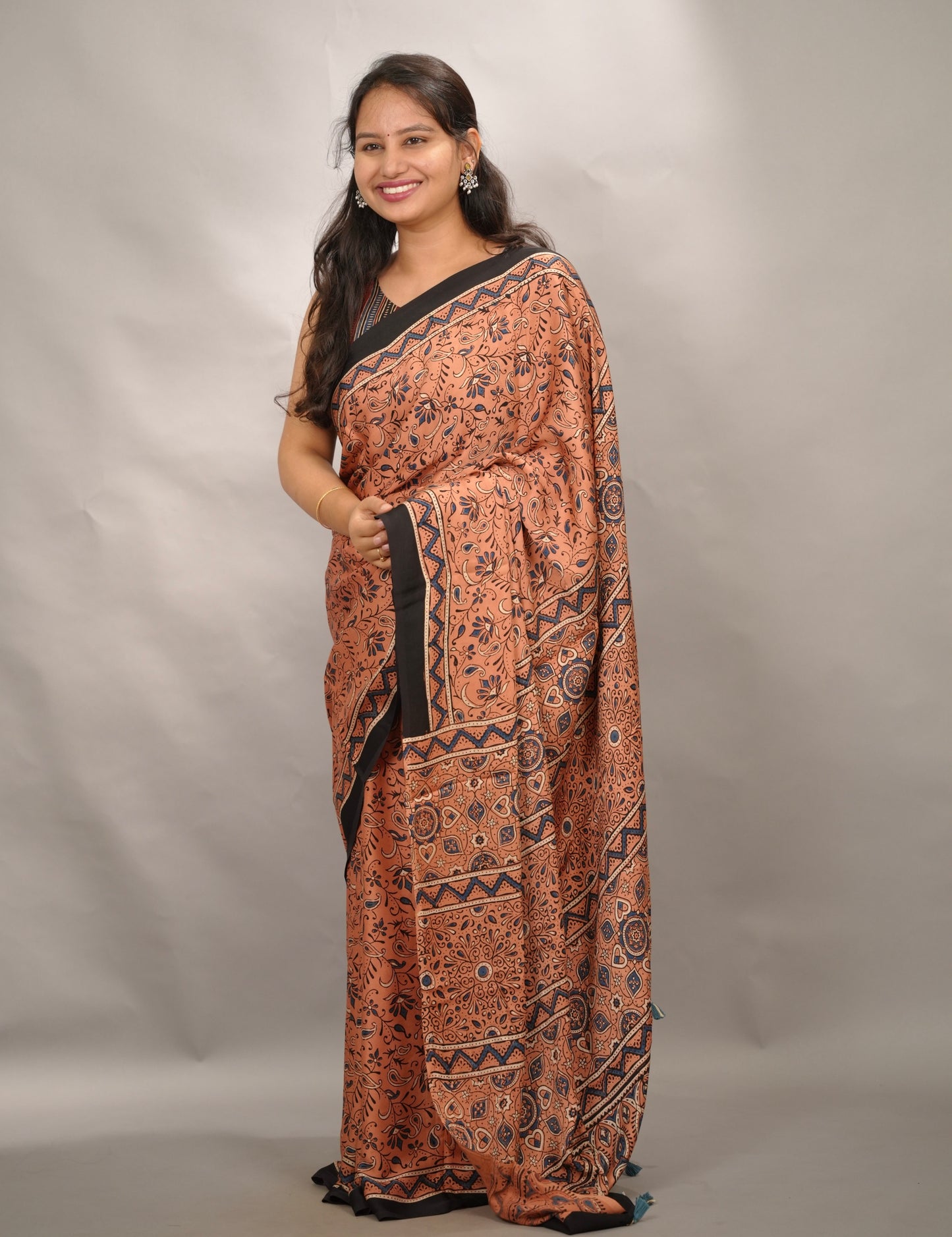Peach Authentic Ajrakh Handblock Printed Modal Silk Saree | Looms & Tassels