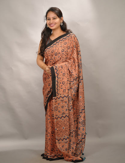 Peach Authentic Ajrakh Handblock Printed Modal Silk Saree | Looms & Tassels