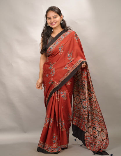 Maroon Authentic Ajrakh Handblock Printed Modal Silk Saree | Looms & Tassels