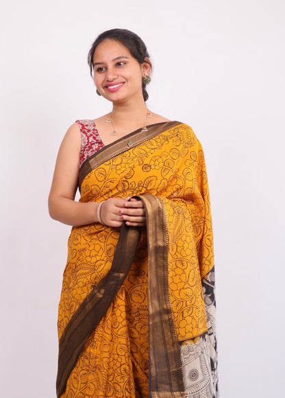 Mustard Dyeing Outline kalamkari silk saree