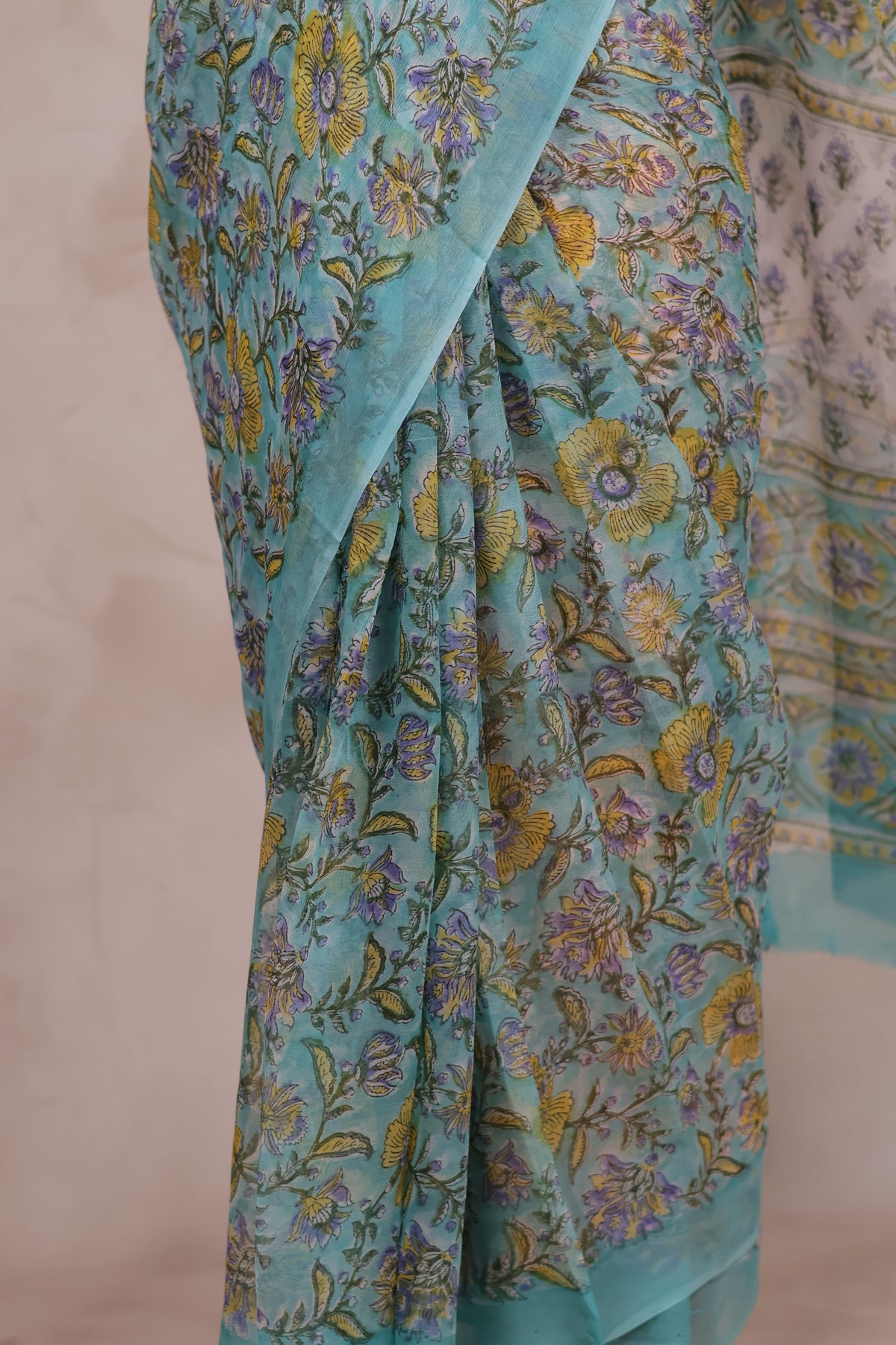 Ice Blue Chiffon Hand Block Printed Saree | Looms & Tassels