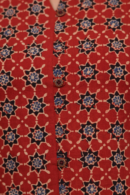 Red Ajrakh Hand Block Printed Kurti | Looms & Tassels