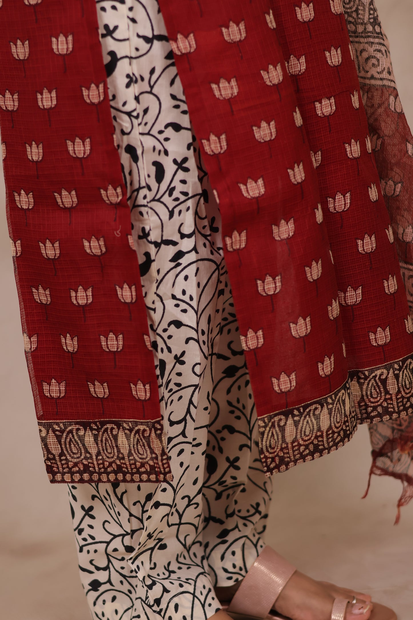 Deep Maroon Handblock printed kota 3 piece suit (stitched)