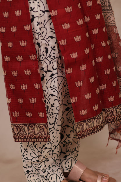Deep Maroon Handblock printed kota 3 piece suit (stitched)