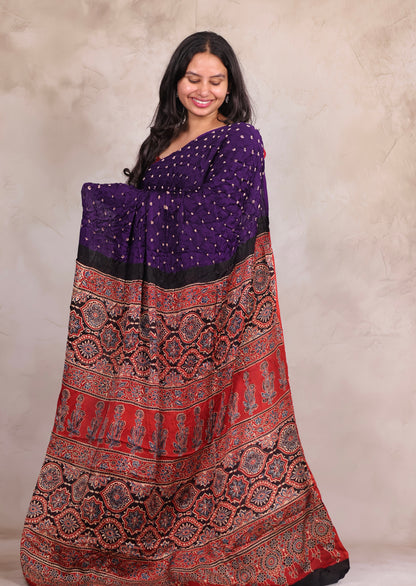 Purple Hand Knotted Bandhej Modal Silk Saree with Ajrakh Pallu | Looms & Tassels