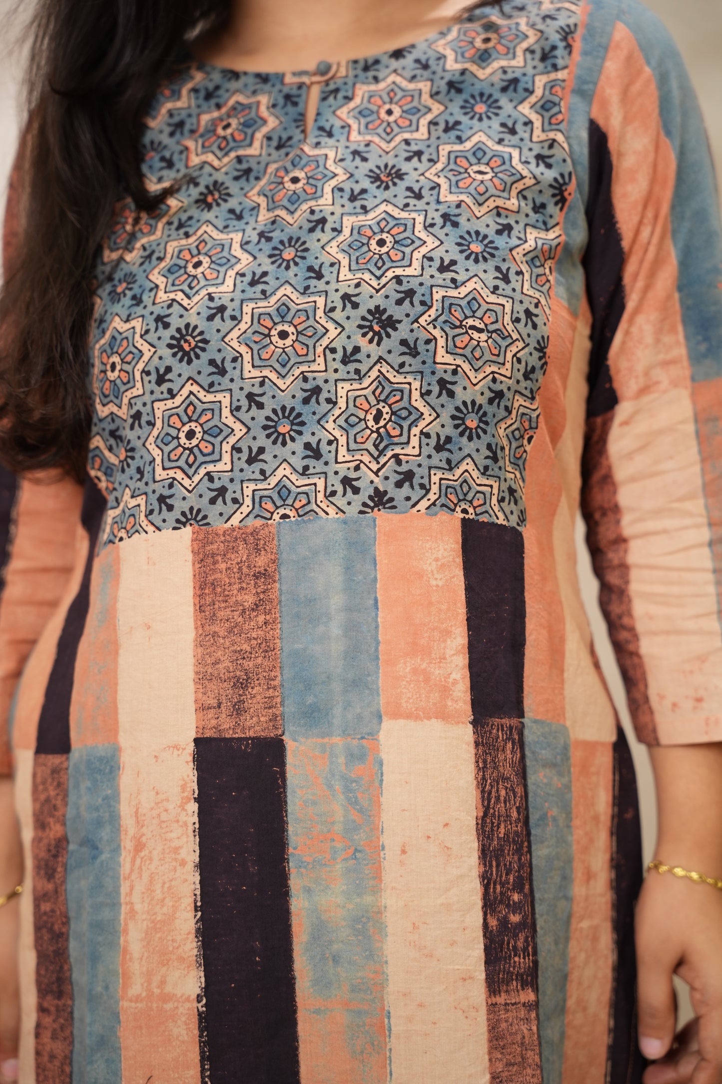 Contemporary Ajrakh Pattern Hand Block printed Kurti | Looms & Tassels