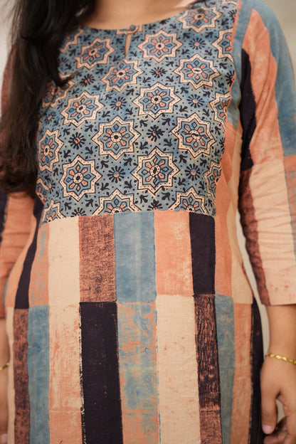 Contemporary Ajrakh Pattern Hand Block printed Kurti | Looms & Tassels