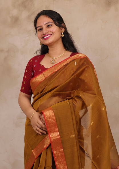 Mustard Handloom Maheswari Silk Cotton Sarees | Looms & Tassels
