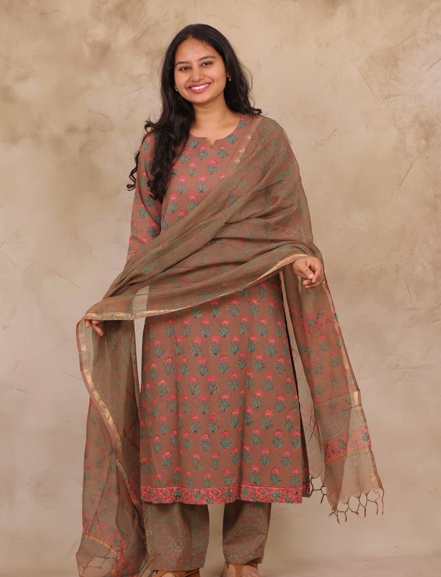 Brown Handblock printed Pure Mul Cotton with Kota Doria Duppata 3 piece suit (stitched)