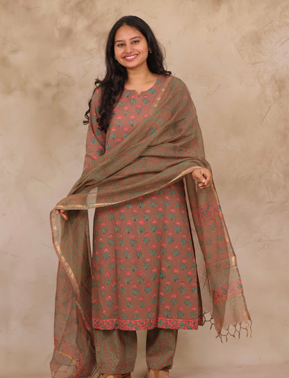 Brown Handblock printed Pure Mul Cotton with Kota Doria Duppata 3 piece suit (stitched)