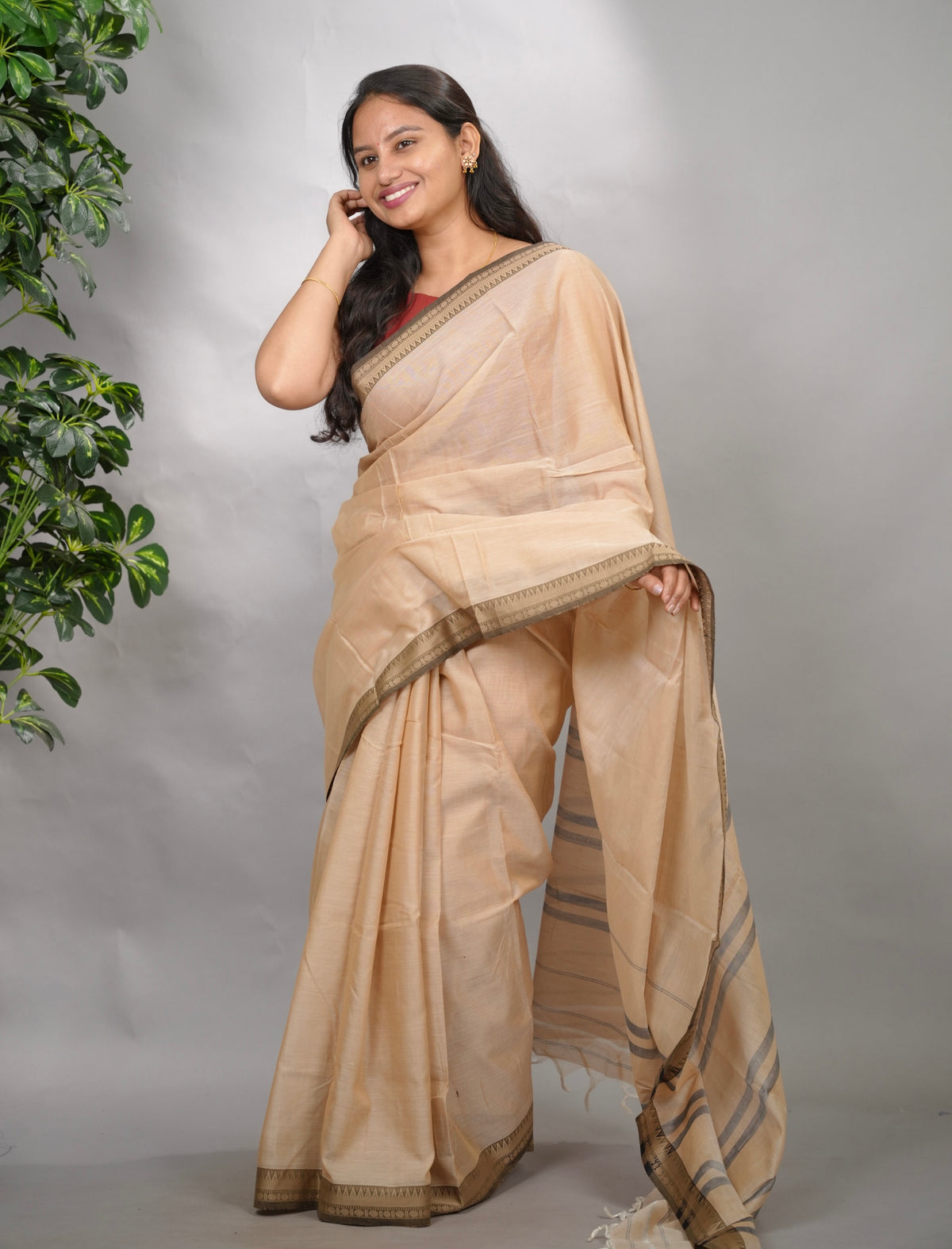 Sand Beige Narayanpet Cotton Saree | Looms & Tassels