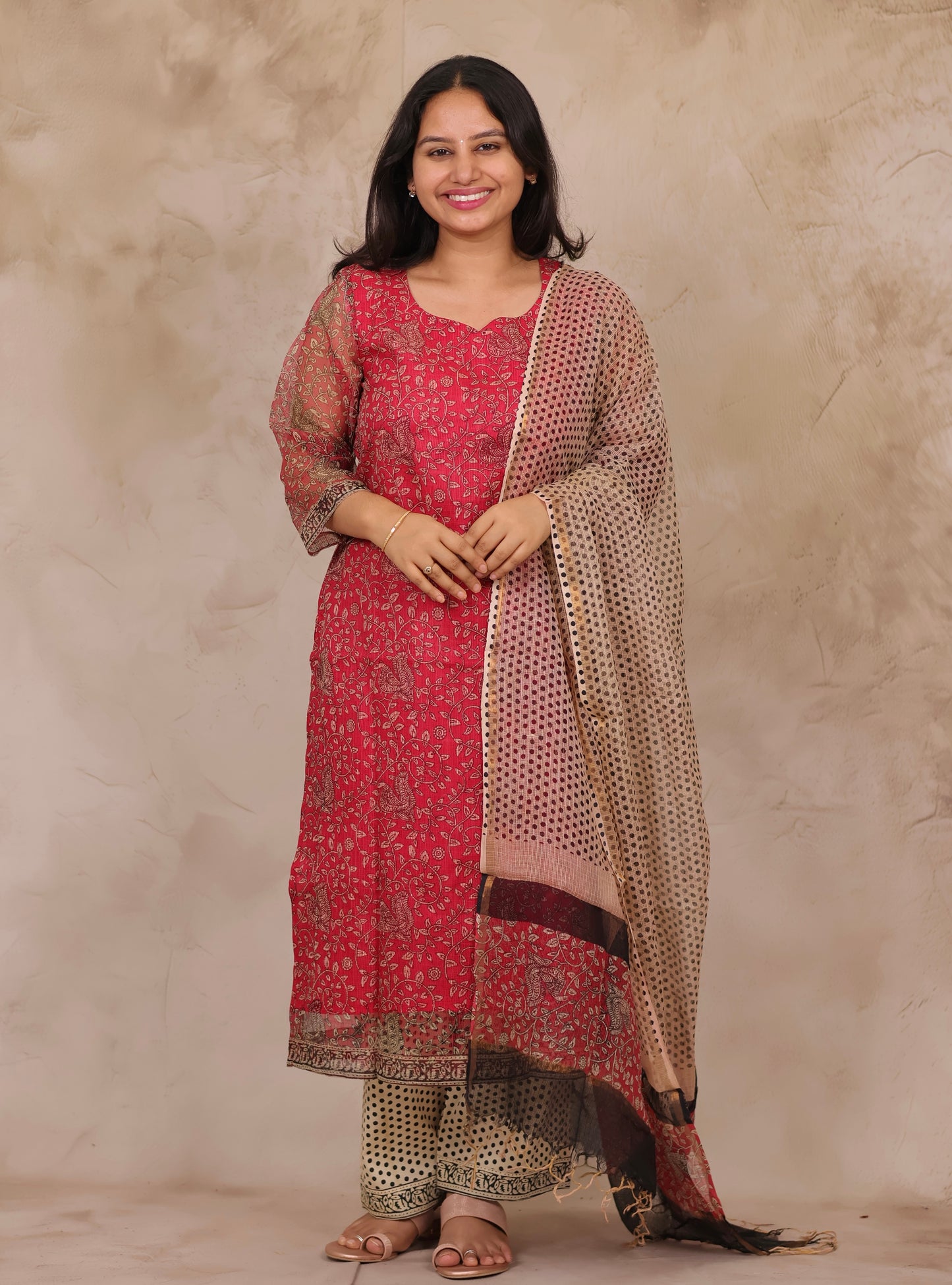 Pink Handblock printed kota 3 piece suit (stitched)