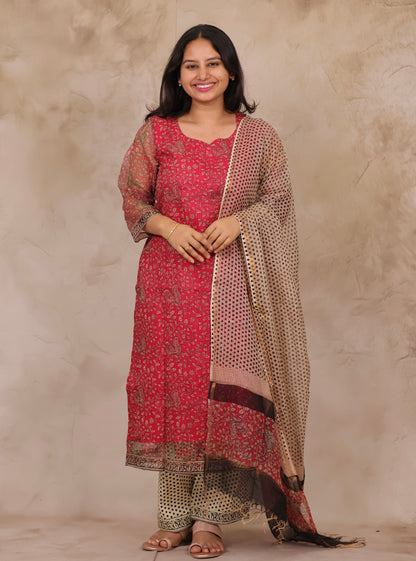 Pink Handblock printed kota 3 piece suit (stitched)