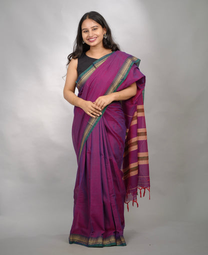 Purple Narayanpet Cotton Saree With Temple Border | Looms & Tassels