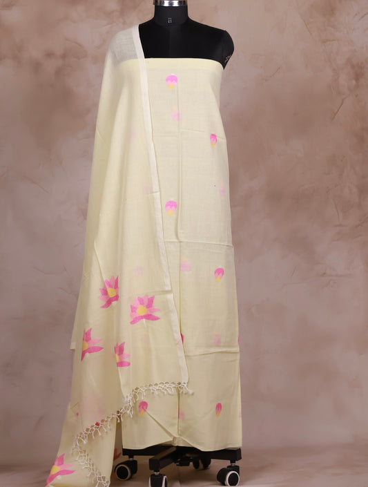 Cream Handwoven Jamdhani weaving pure Malai cotton 2 piece suit sets | Looms & Tassels