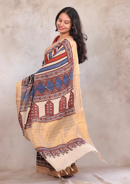 Cream Ajrakh Hand Block Printed Mangalagiri Cotton Saree | Looms & Tassels