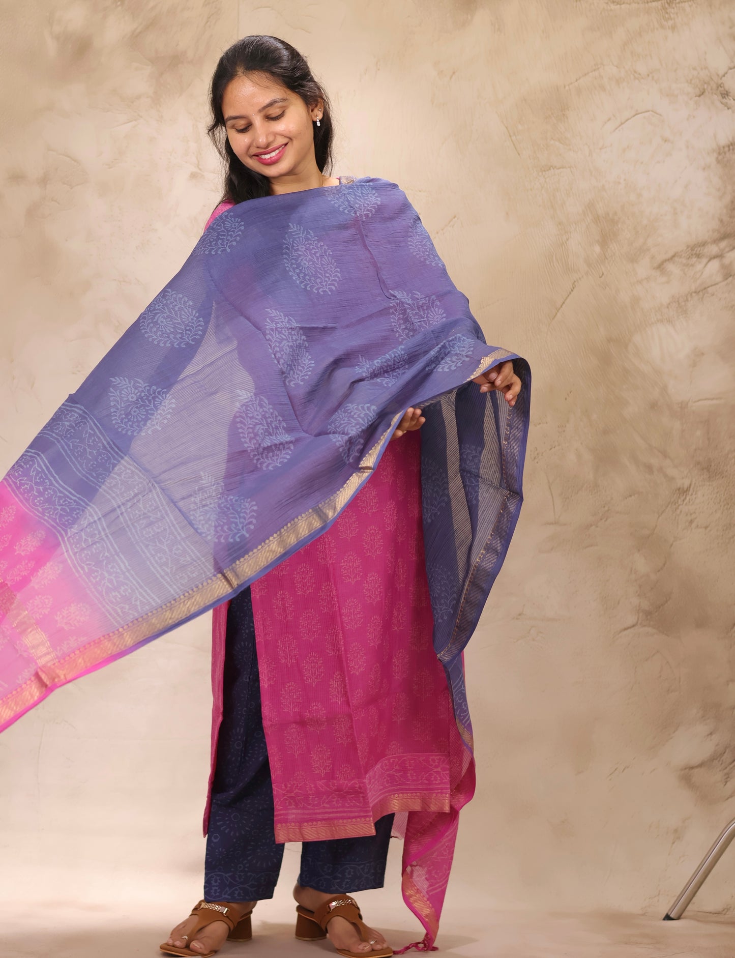 Pink & Blue Handblock printed Pure Maheswari Silk 3 piece suit (stitched)