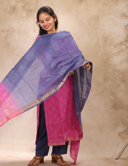Pink & Blue Handblock printed Pure Maheswari Silk 3 piece suit (stitched)
