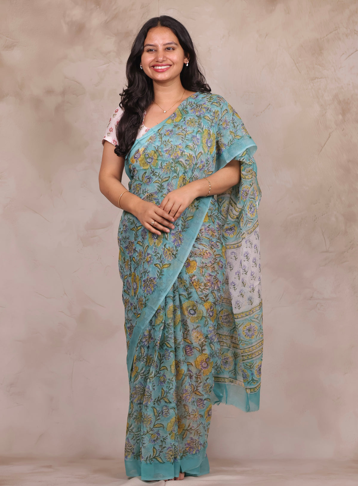 Ice Blue Chiffon Hand Block Printed Saree | Looms & Tassels