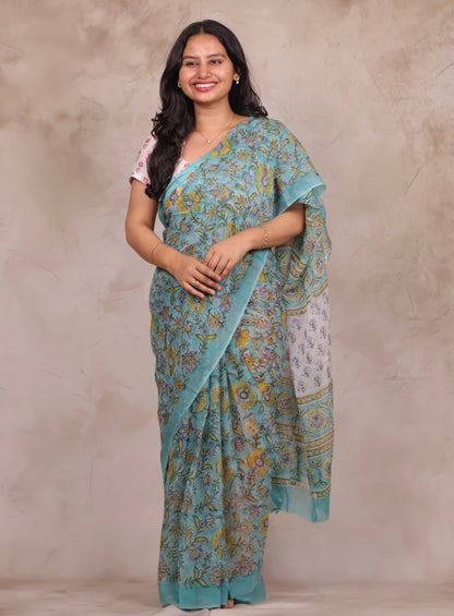 Ice Blue Chiffon Hand Block Printed Saree | Looms & Tassels