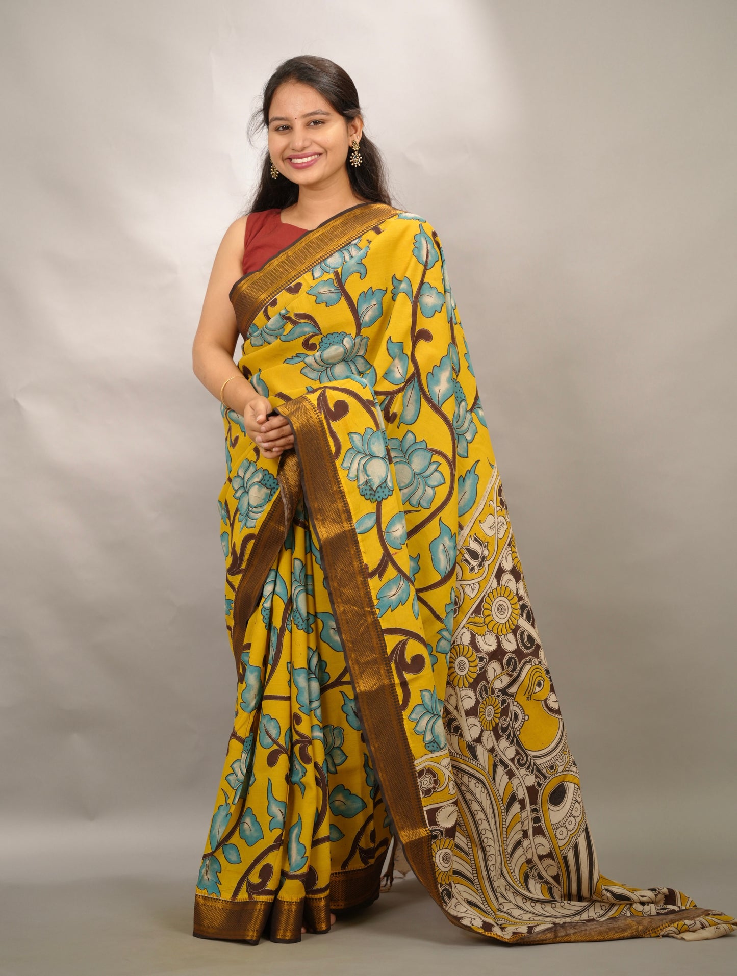 Yellow Kalamkari Nizam Border Chennur Silk Saree | Looms & Tassels